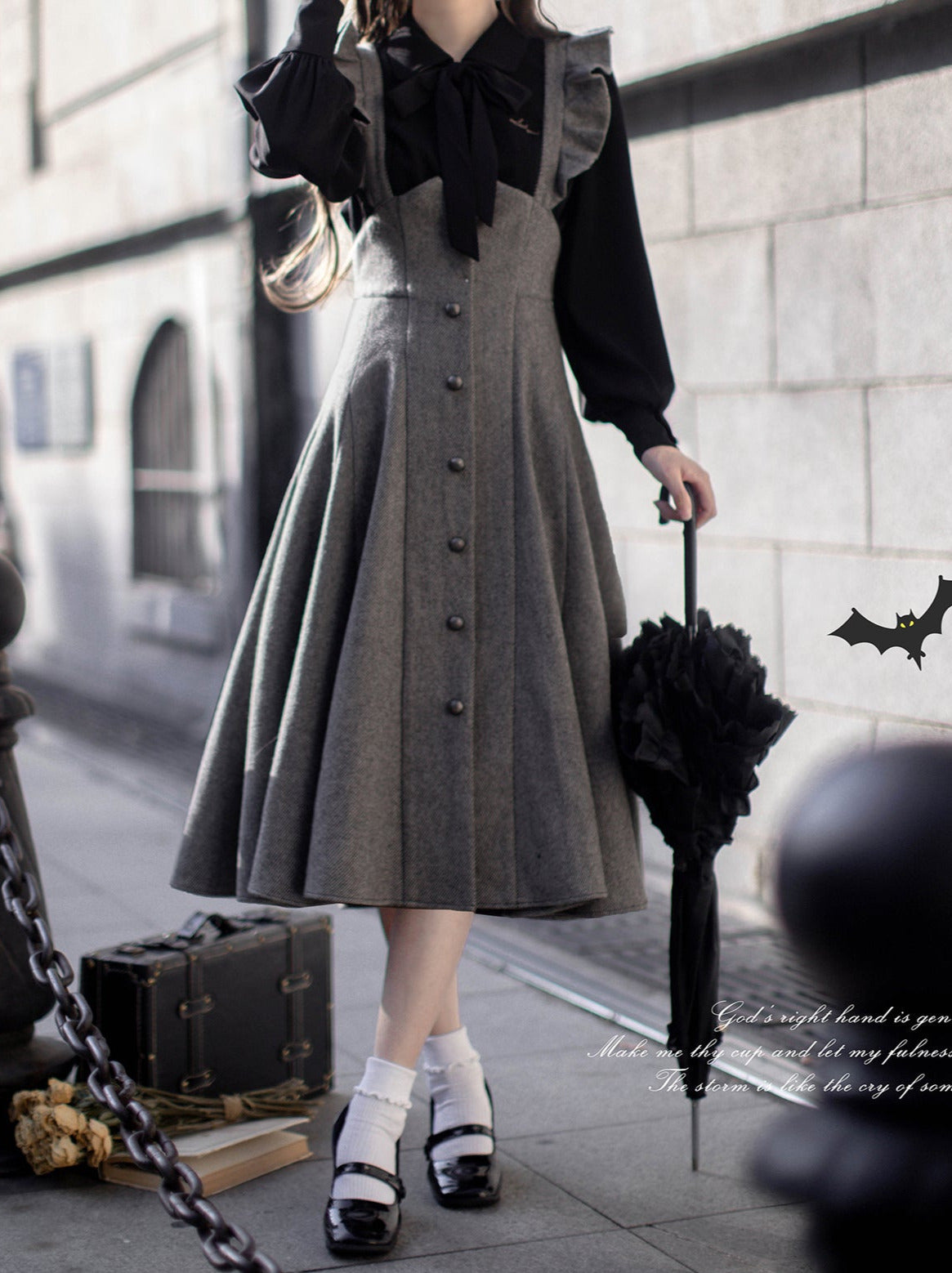 Sleeve Skirt Shoulder + Retro Suspender Black Ruffle Shirt Ribbon Elegant Volume