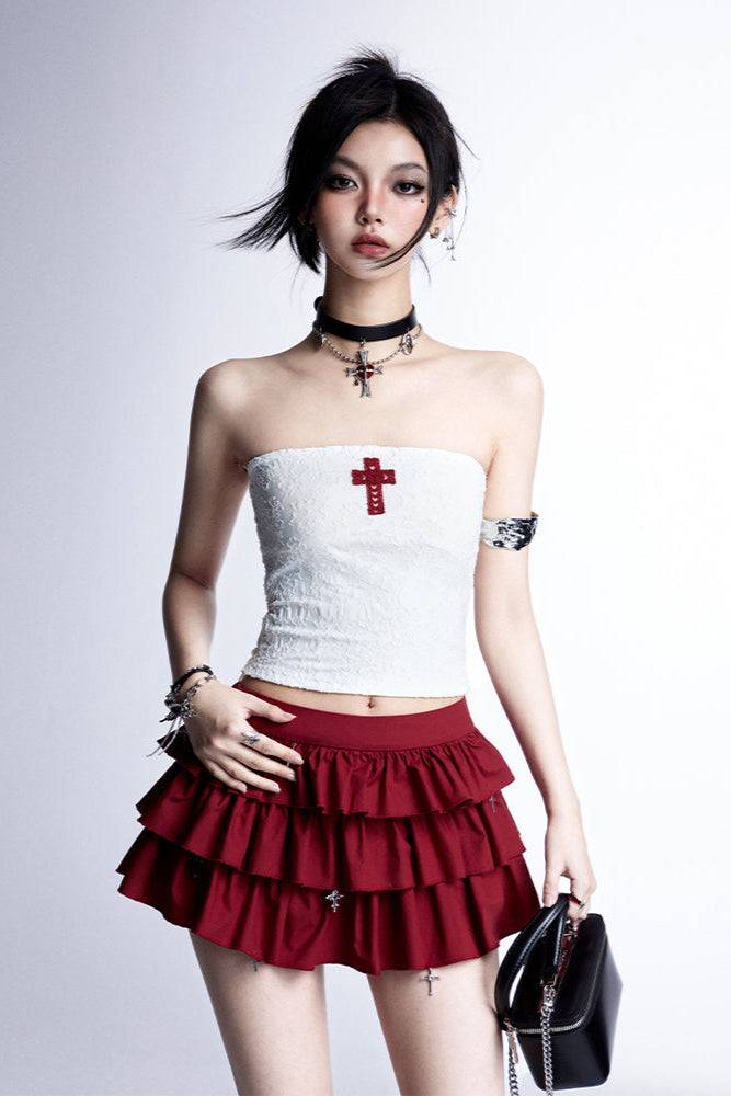 + クロスケーキフリルフーディースカートスリムフード付きトップチューブ