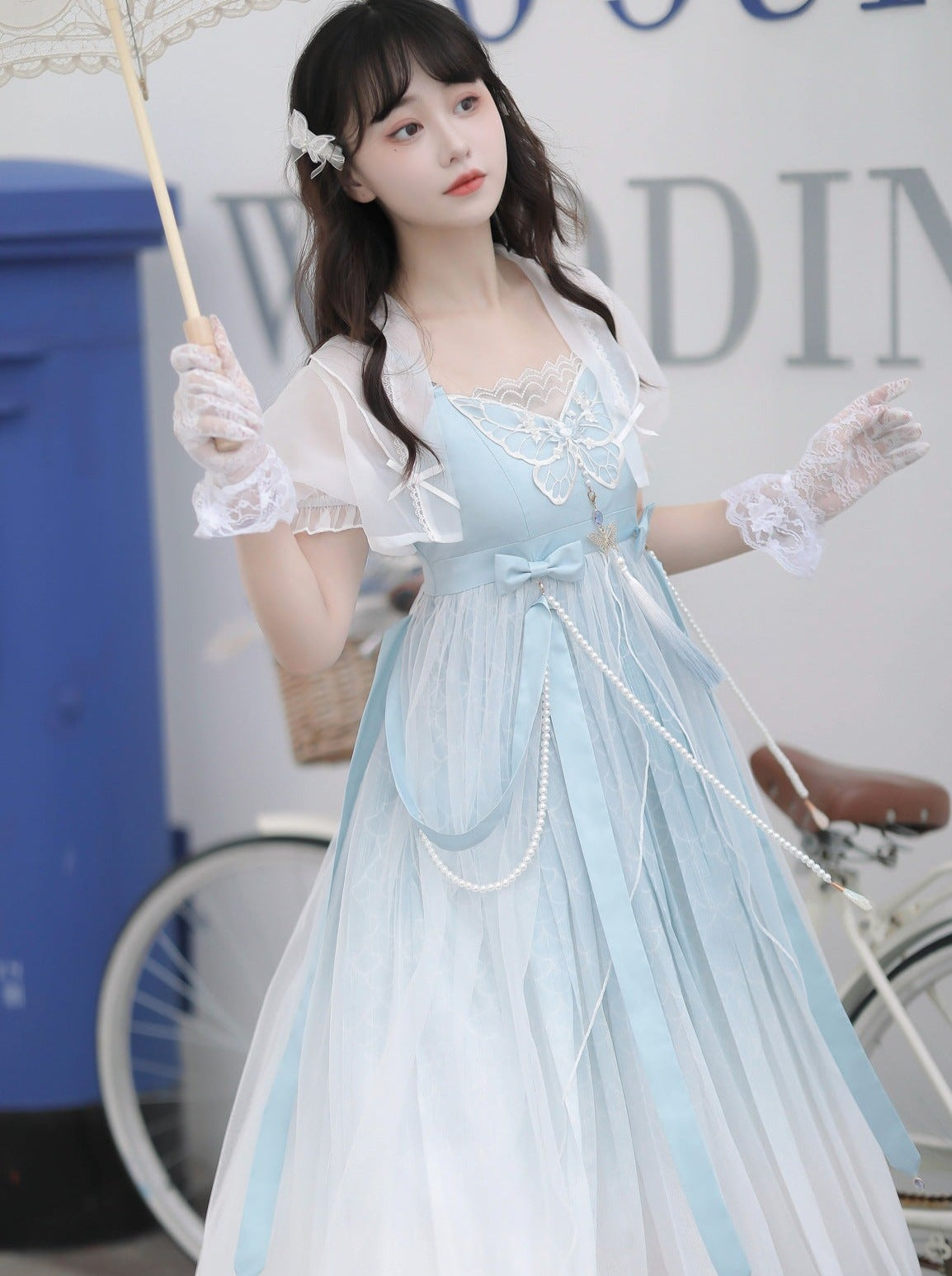 Blaues, durchsichtiges Sommerkleid mit Schalkragen + Lolita-Chinesisch