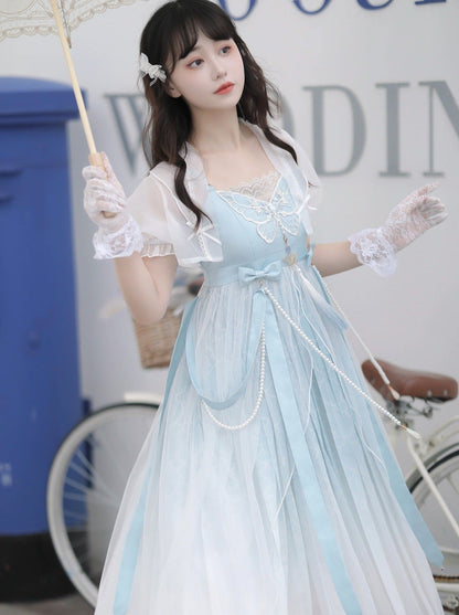 Blaues, durchsichtiges Sommerkleid mit Schalkragen + Lolita-Chinesisch