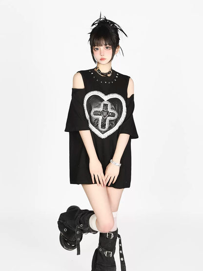 Shoulder Cross Love Street Off T-Shirt Lace Rivet