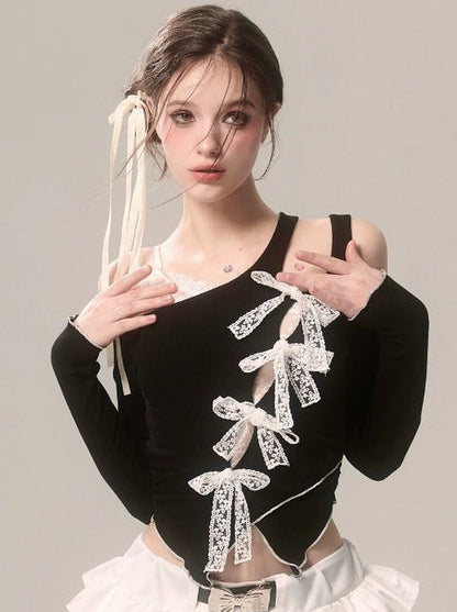 Asymmetrisches Top Off-Shoulder Faux Ribbon Lace Schwarz Zweiteiler