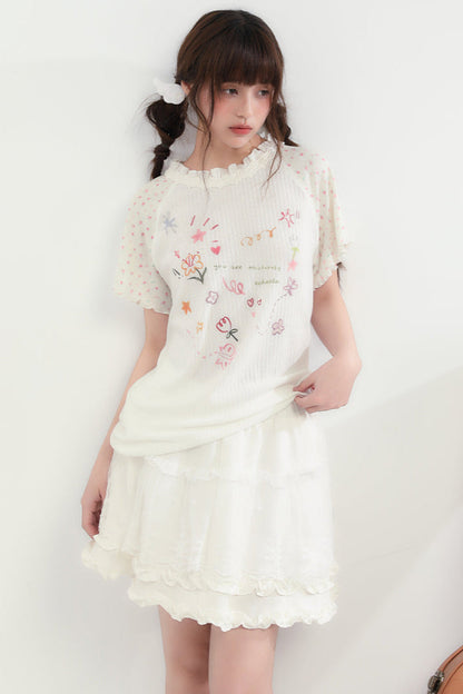 ラウンドネックハートフローラルトップス