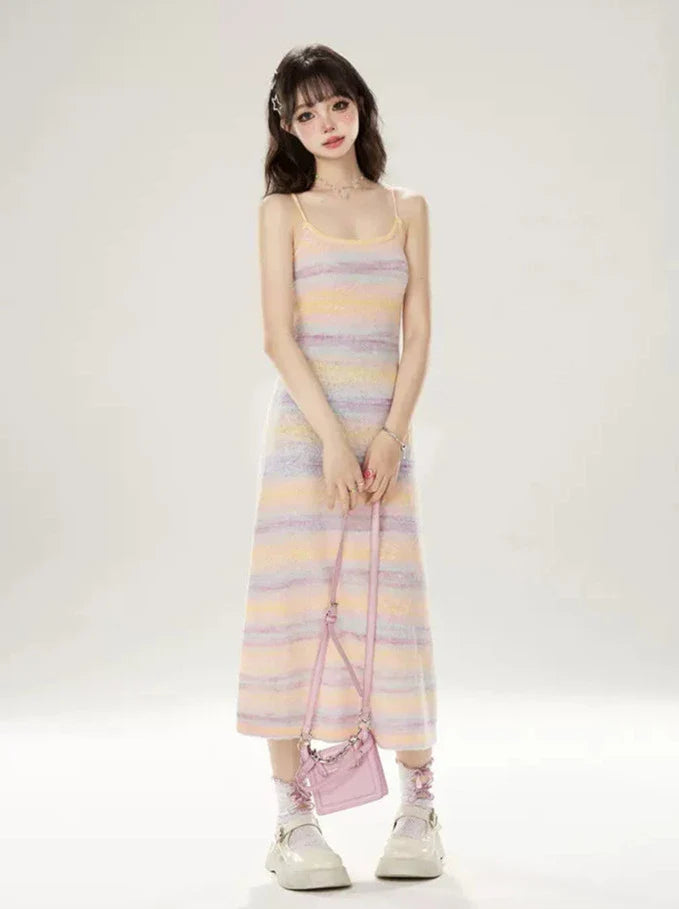 ニットサマードレス サスペンダー レインボーストライプ