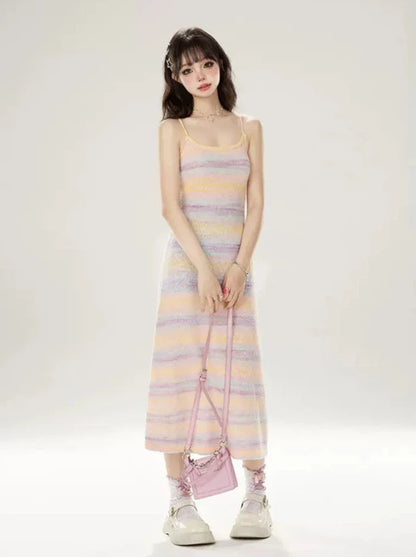 ニットサマードレス サスペンダー レインボーストライプ