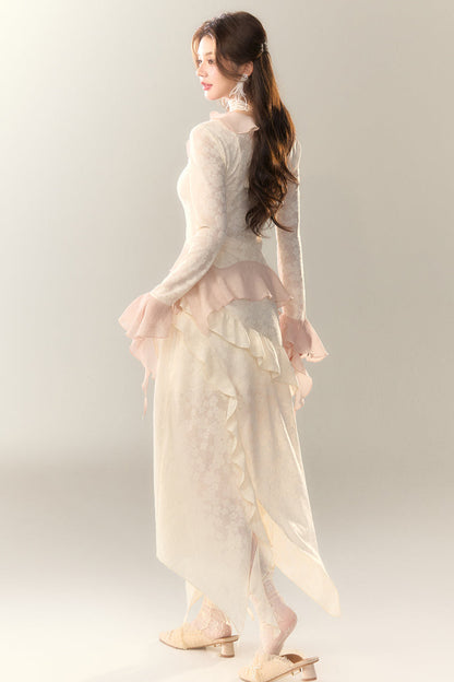 トップス スイート + ロングスカート シアー フリル