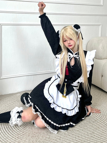 Maid China Black Ribbon Sleeve. Apron and Sleeve and Dress Long Short Set White