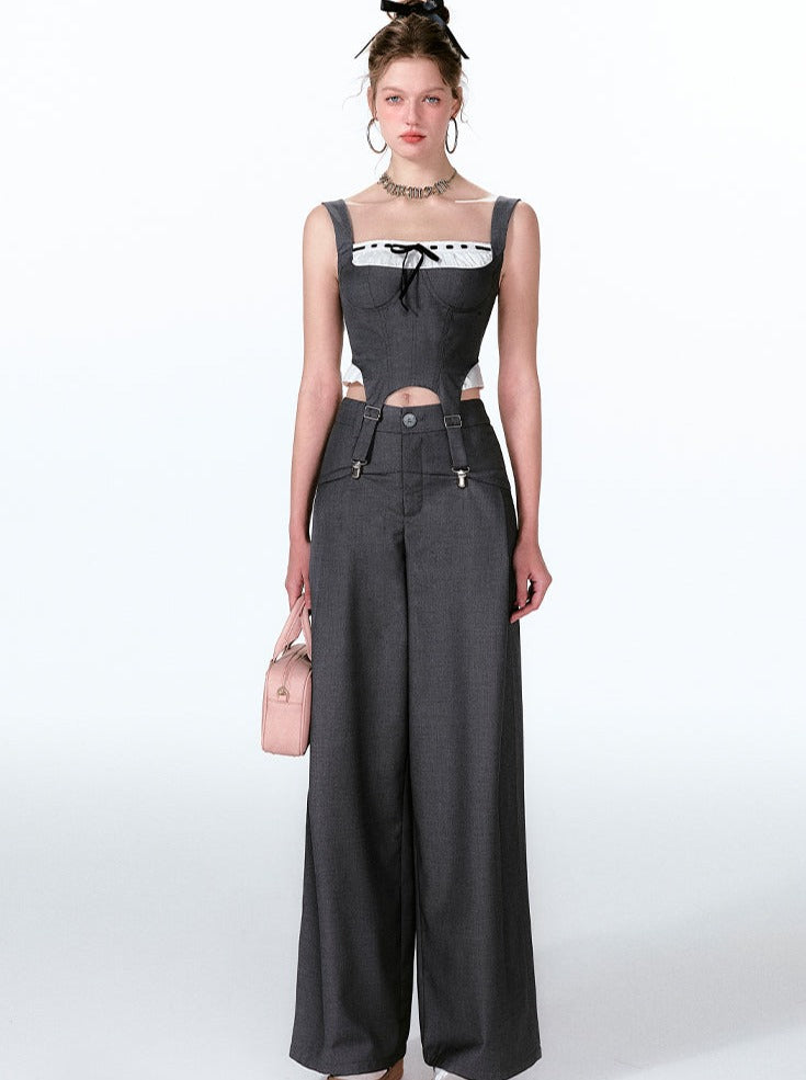 Wide Two-piece + Design Contrast Faux Vest Mint-cool Pants