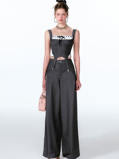 Wide Two-piece + Design Contrast Faux Vest Mint-cool Pants