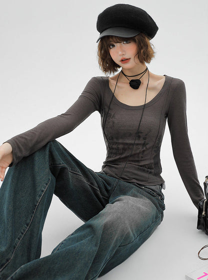 American Slim Retro Long Letter Grey T