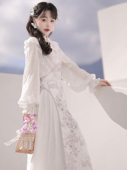 フリルチャイナドレス + 紫のカーディガン 薄手の花柄