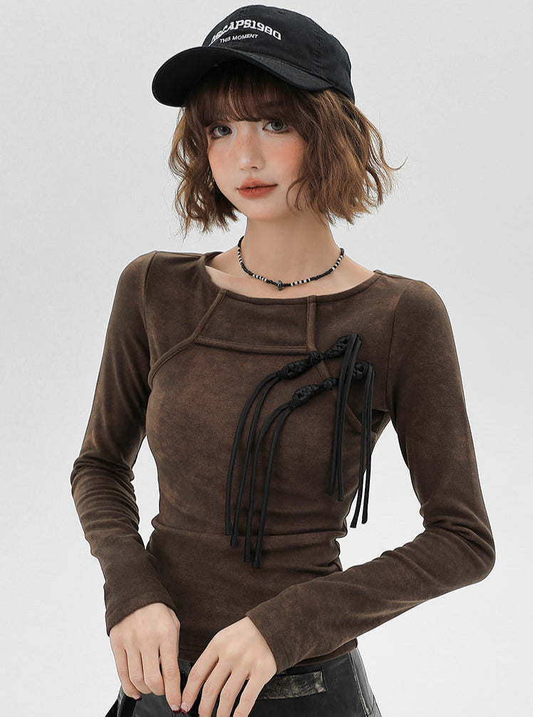 ニットスリムチャイナレトロトップタッセル