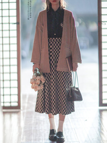 Chiffon Jacket Skirt Retro + Ribbon Checkered Dark Feather Skirt Shirt + Note Showa Brooch Cherry Gray