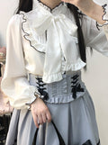 Color Sleep Frill Stand Volume Ribbon Shirt