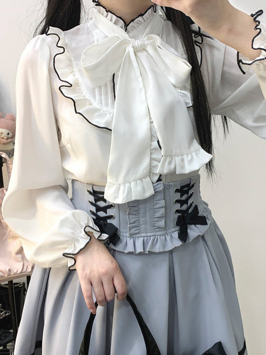 Color Sleep Frill Stand Volume Ribbon Shirt