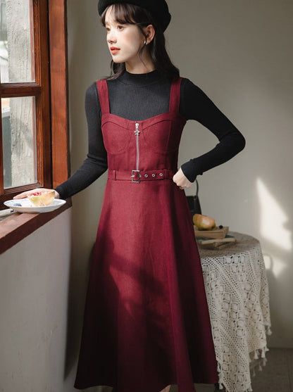 スリムニット レトロハーフ＋サスペンダー タートルネックスカート