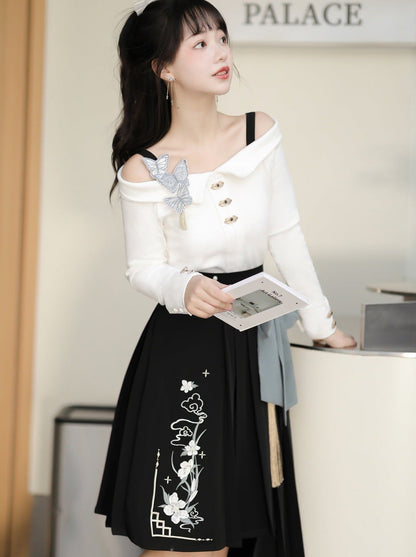 Top Schnalle Taille Asymmetrische Rock + Große Schleife Off-Shoulder China Hohe