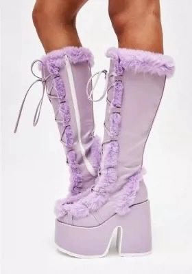 34-46 Y2K Snow Pu Fur Lace-up Thick Heel High Goth Platform Boots