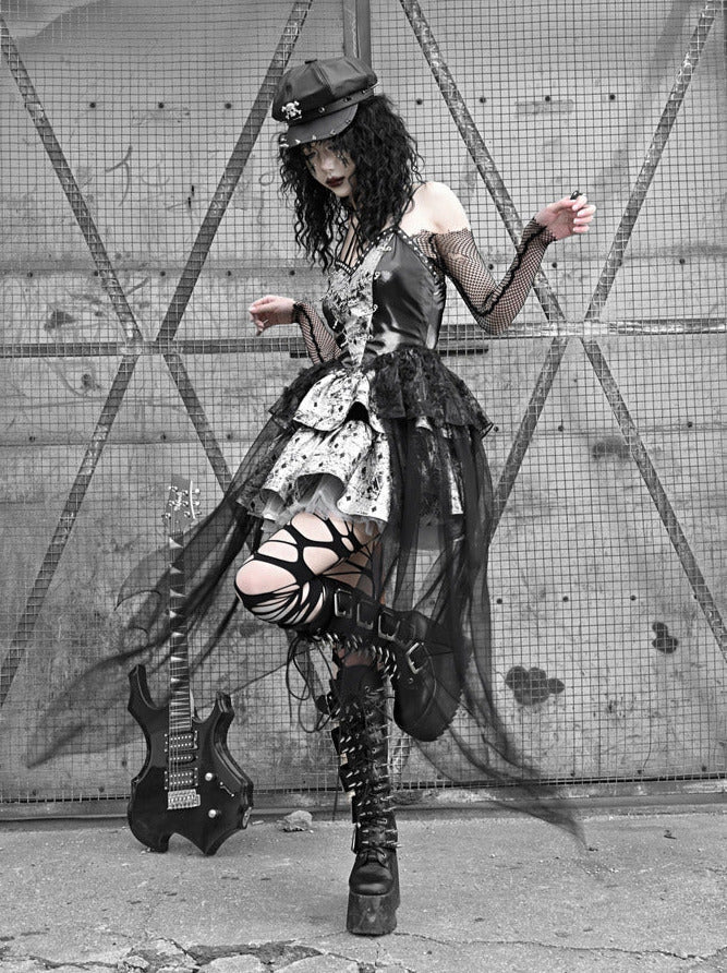 PU Suspender Punk Halter-neck Mesh Metallic Off-the-shoulder Tulle + Top Dress Sheer