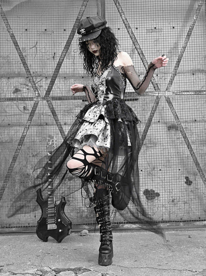 PUサスペンダーパンクホルターネックメッシュメタリックオフショルダーチュール+トップドレスシアー