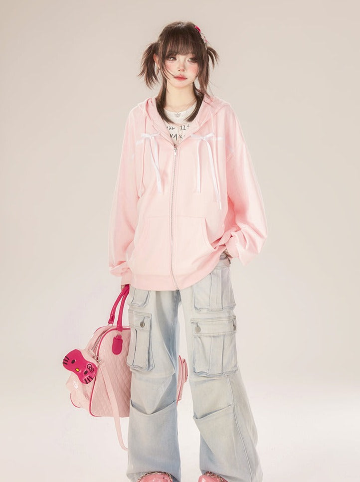Zip-Up Ribbon Sweet Hoodie Pink Hooded