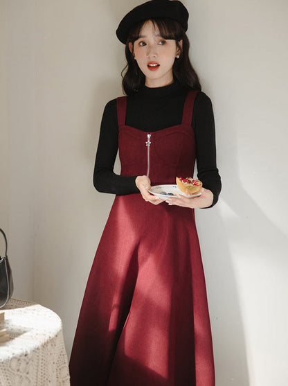 スリムニット レトロハーフ＋サスペンダー タートルネックスカート