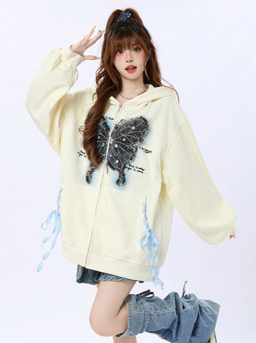 Jacke mit Kapuze, locker, Schmetterling, Sweatshirt, Band