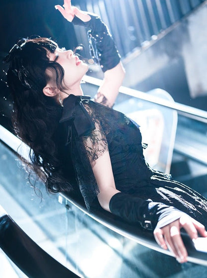 Kleid Ärmel Fischgrät Lolita Fliegende Taille