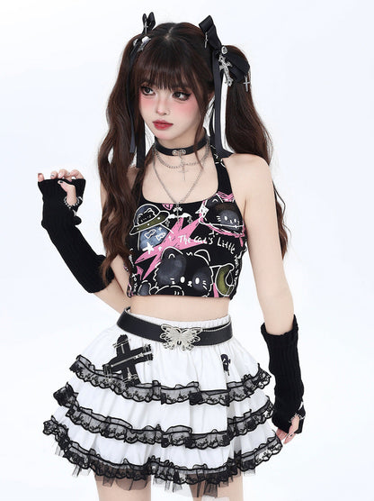 Pure Cute Print Neckholder Top Graffiti Katze