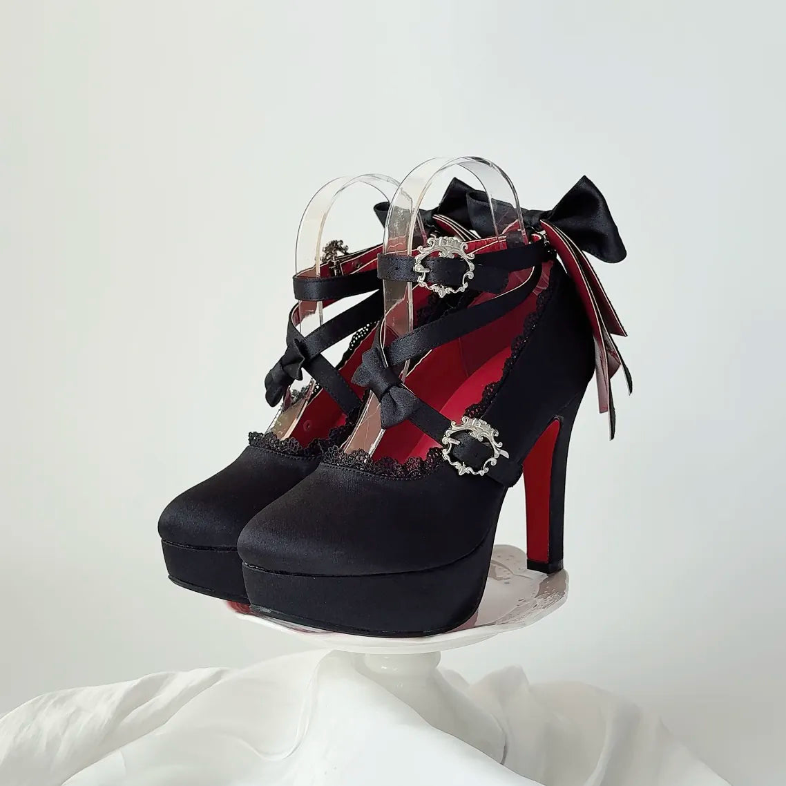 Holy Relic Cross Satin Black shoes with ornate buckles