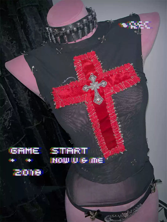 Gothic Dark Rock Punk Red Cross Vest Top