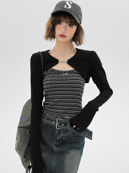 キャミソール アメリカン カーディガン ストライプ ショートピース セット トップス ブラック ツー