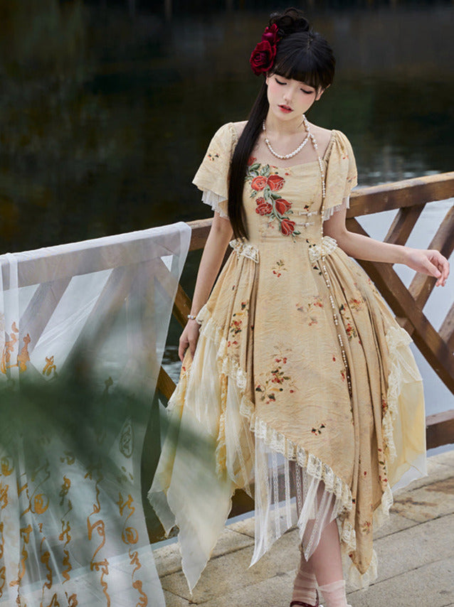 Elegante Träger Quadratischer Kragen Rose Off-the-Shoulder Kleid Unregelmäßig