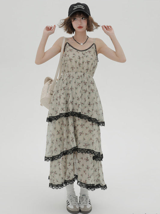 ドレス プリント サスペンダー ティアード フローラル レース