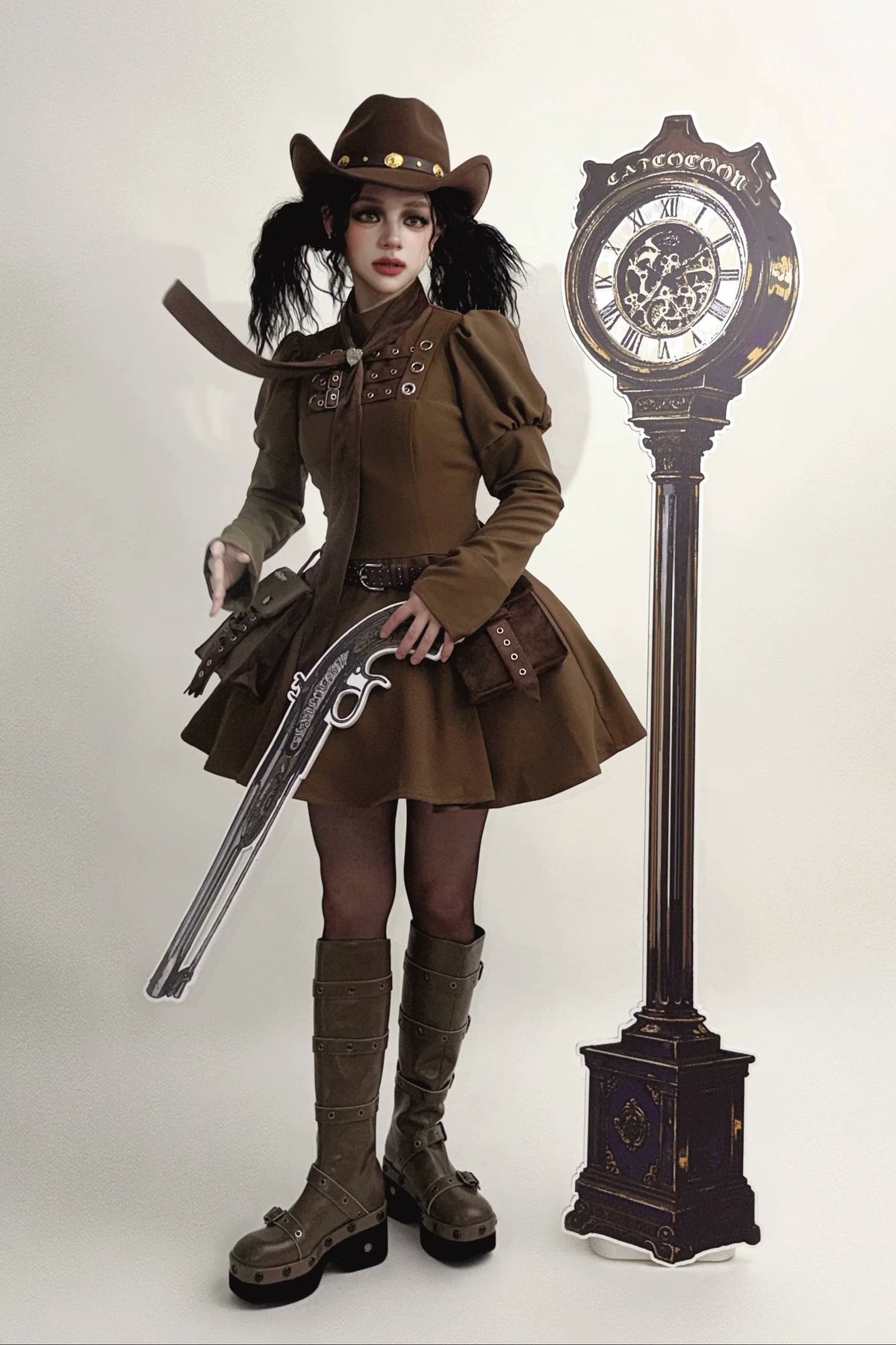 Steampunk Brown x Gothic Black Mode Buckle High Collar Puff Sleeve Doll Dress