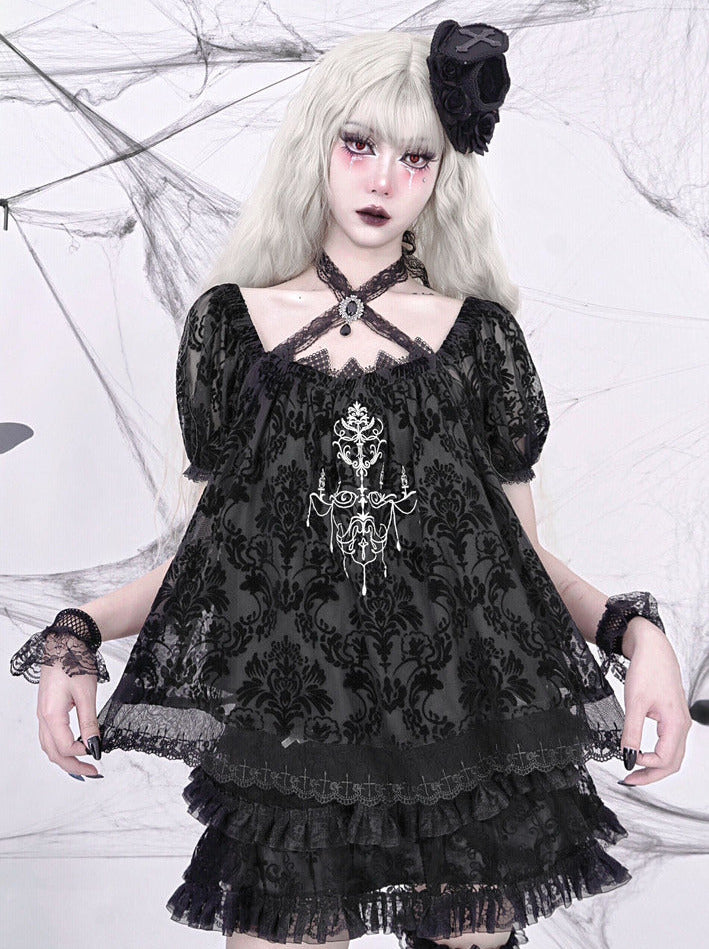 Dunkle Ärmel Puff Top Gothic Stickerei Spitze