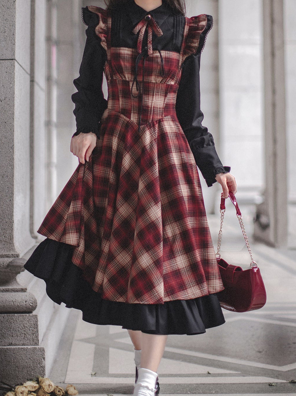Ruffle Black Accessories Suit Ruffle Shoulder Ribbon + Sleeve Shirt + Retro Elegant Dress Check Layered