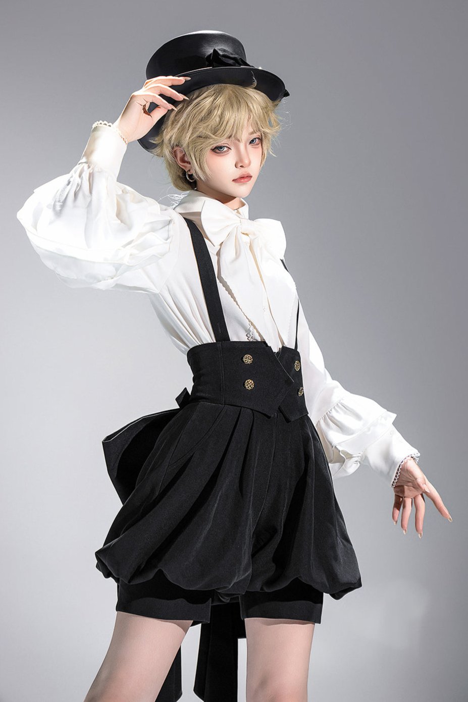 キュート+レトロショートパンツエレガントシャツリボンプリンス予約テールダーク