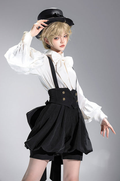 キュート+レトロショートパンツエレガントシャツリボンプリンス予約テールダーク