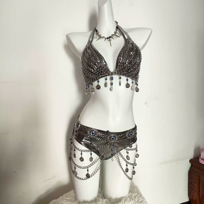 Punk Y2K Hottiepure Desire Silver Chain Bra Waist Set