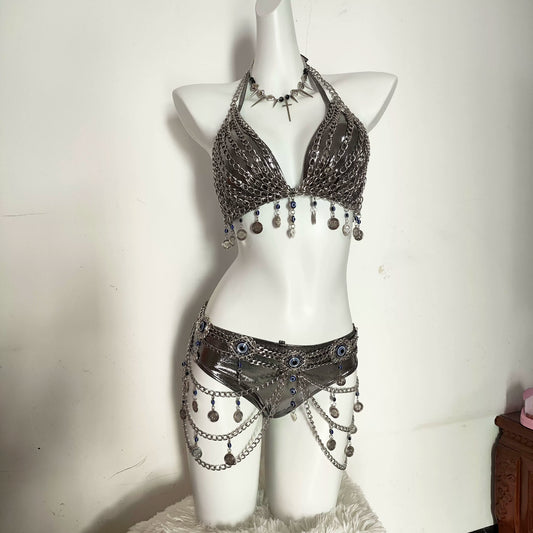Punk Y2K Hottiepure Desire Silver Chain Bra Waist Set
