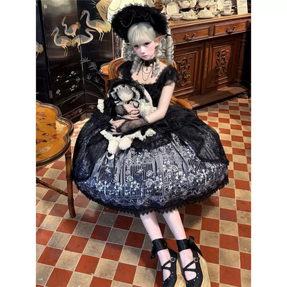 Black Gothic Lolita JSK dress seated styling view