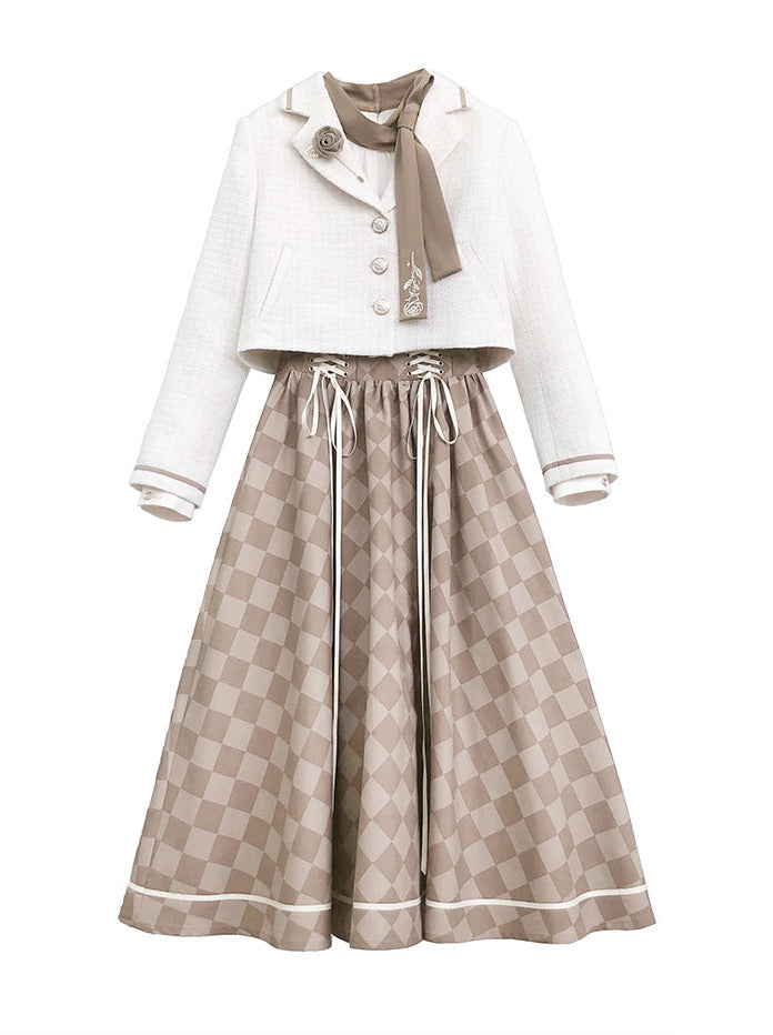 Kurzer Rockanzug + Hemd mit Rosenkaromuster + Retro-Krawattenbrosche + Schleife, französische Jacke mit Schnürung