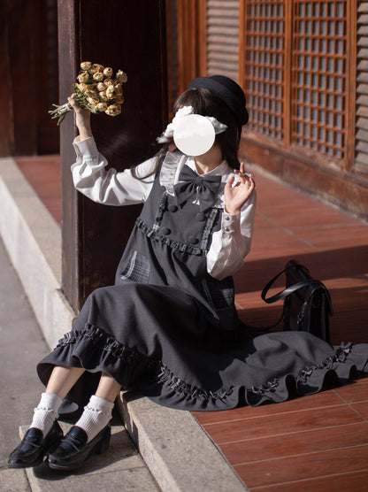 リボンチェックカレッジ+スタイルベストホワイトスーツスカートフリルオリジナルフリルシャツフリル