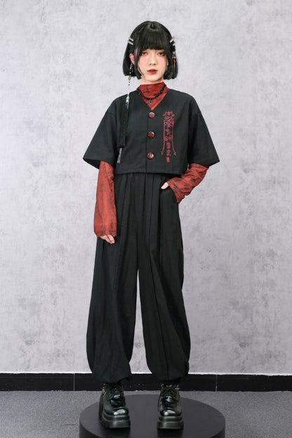 Black China Short V-Neck Top