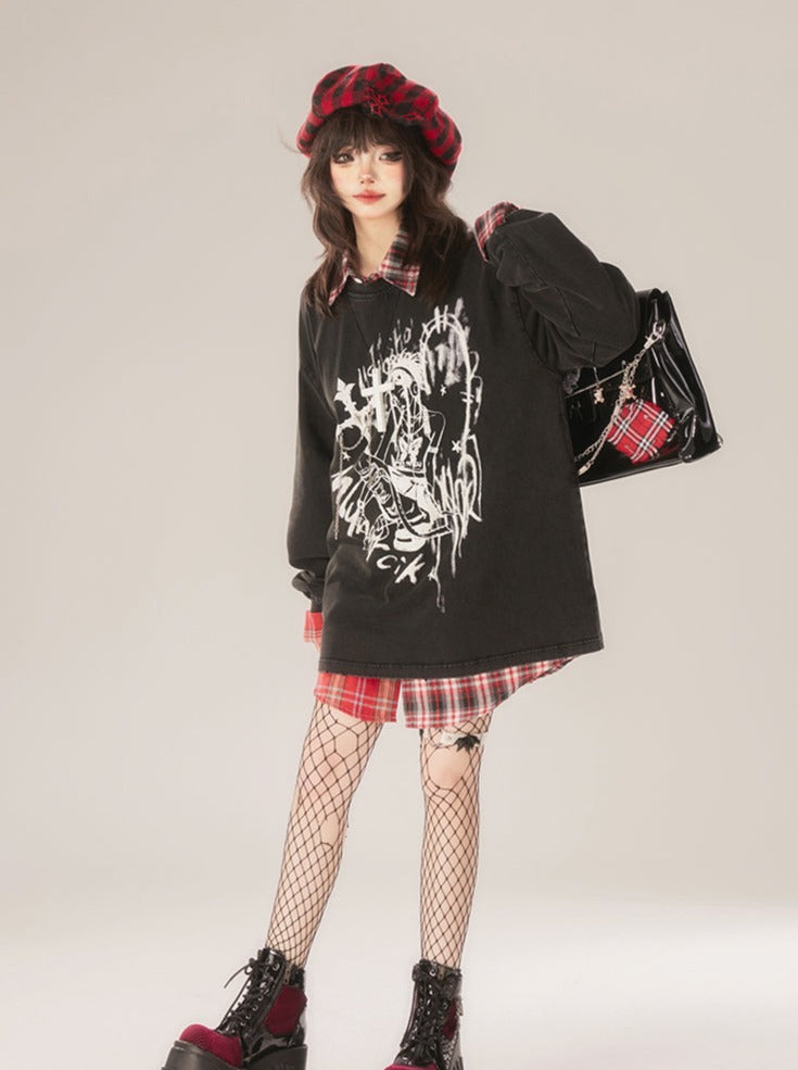 プリントトップス ネックルーズ ラウンド ダーク