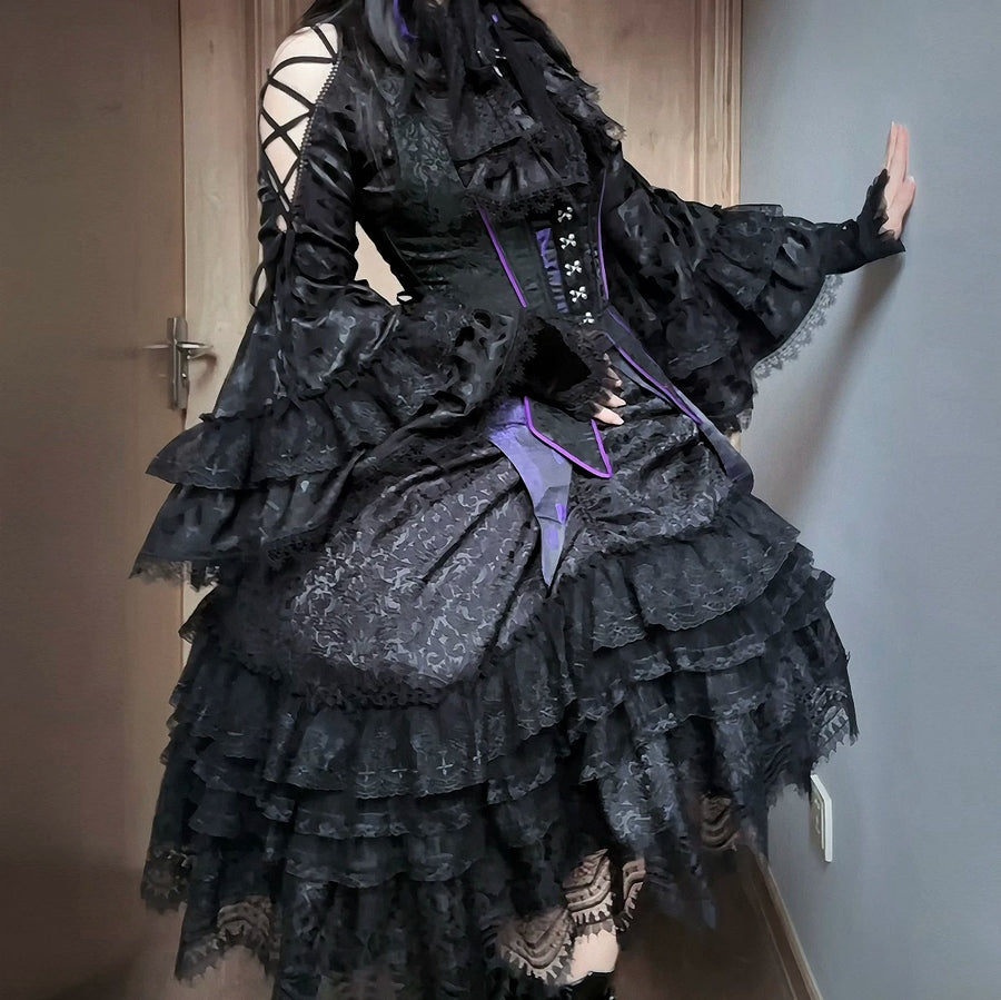 Gothic Lolita outfit with purple waistcoat and layered black skirt
