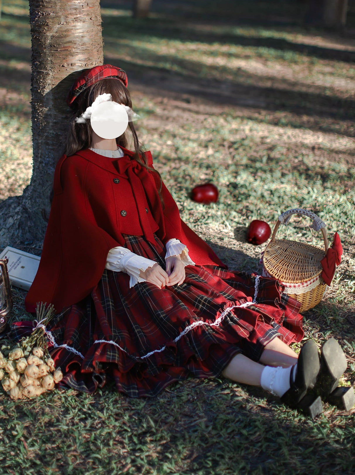 Shirt Little Red Tiered Pleated Dress Scarf Head Riding Ribbon Coat Hood Check Collar Cape