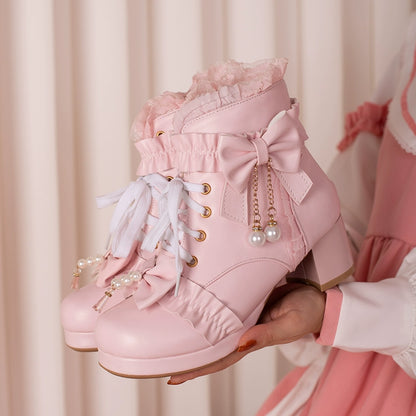 28-43 Lolita Ruffle Bow Pearl Decor Knee-High Boots