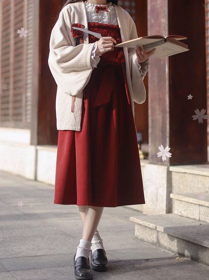 Poem Weave White Feather Dress Innershirt Rose Corsage + Ruffle Red Ruffle Retro Jacket Suspender Rose